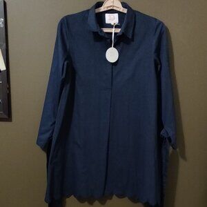 Victoria Dunn Navy Blue Shirt Dress Scallop Hem Tie Cuff Sleeves NWT SMALL